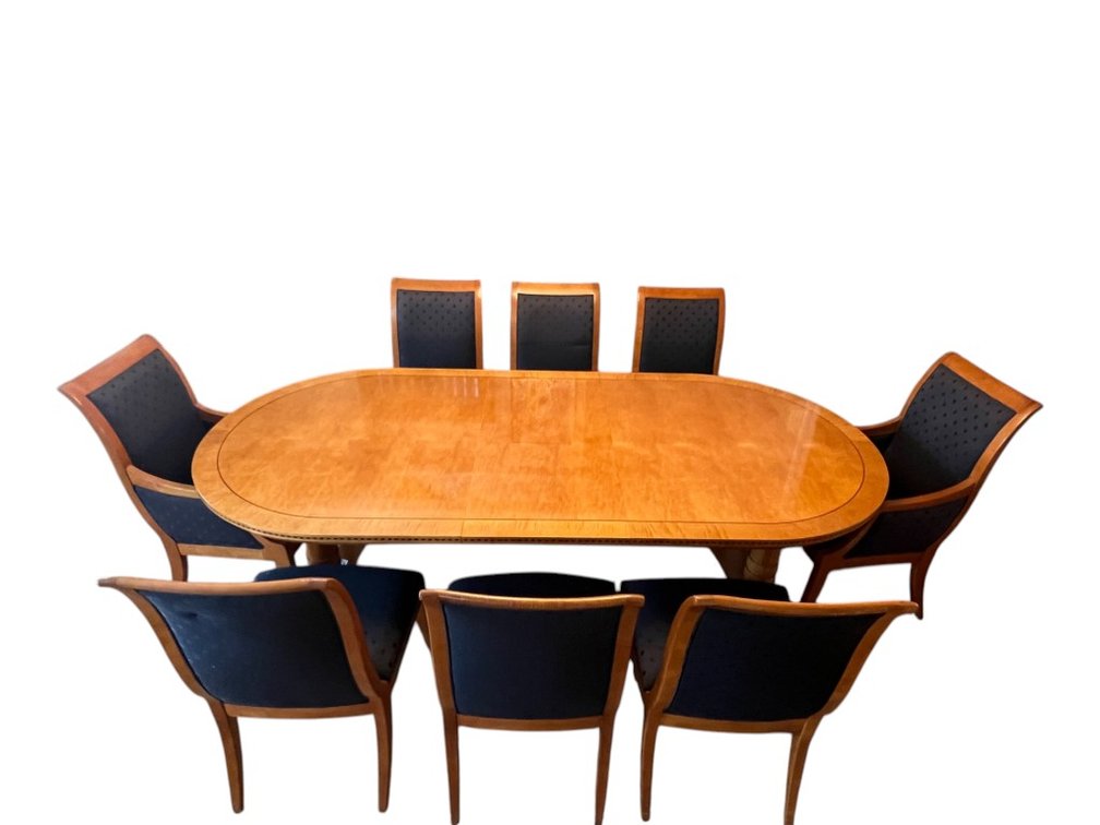 Formal Dining Suite: Inlaid Oval Extension Table with Eight Upholstered Chairs, 30"