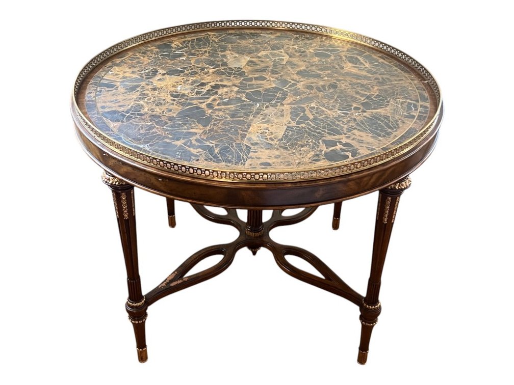 $3,800 Maitland-Smith Round Faux-Marble Inset Console Table with Brass Pierced Gallery, 32"