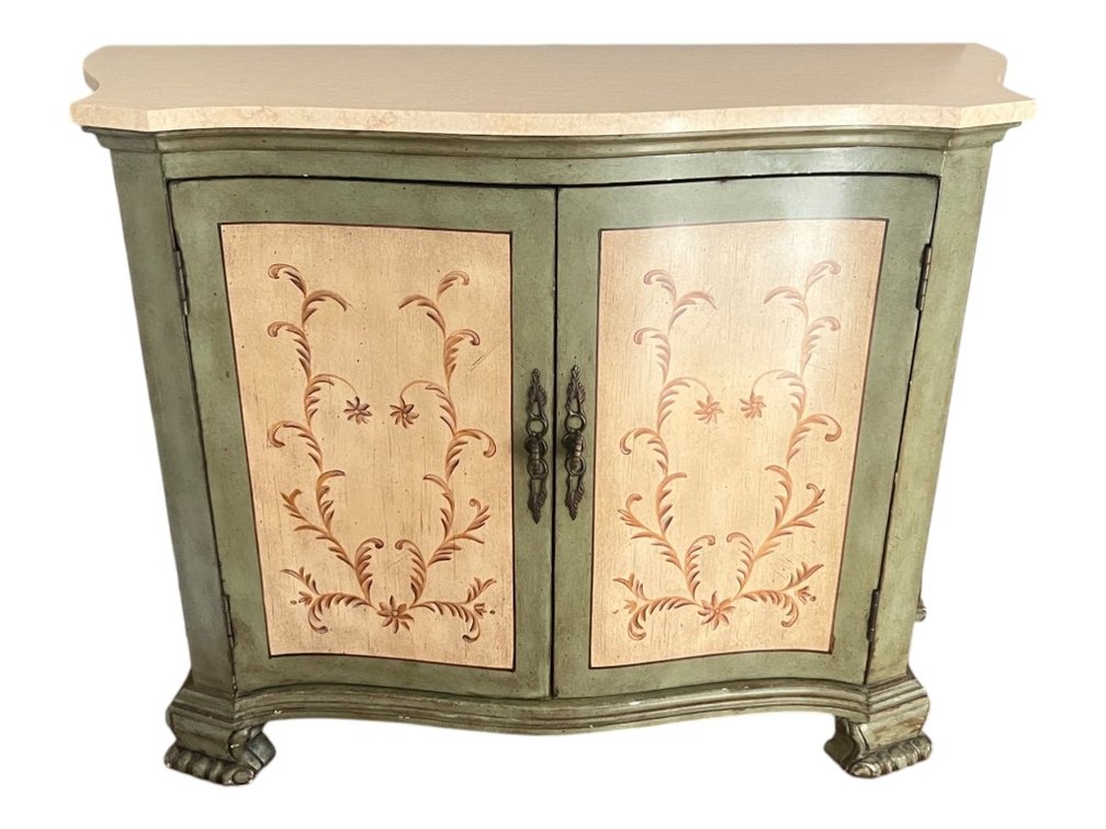 Painted Serpentine-Front Console Cabinet with Faux-Marble Top and Stenciled Panels, 31"