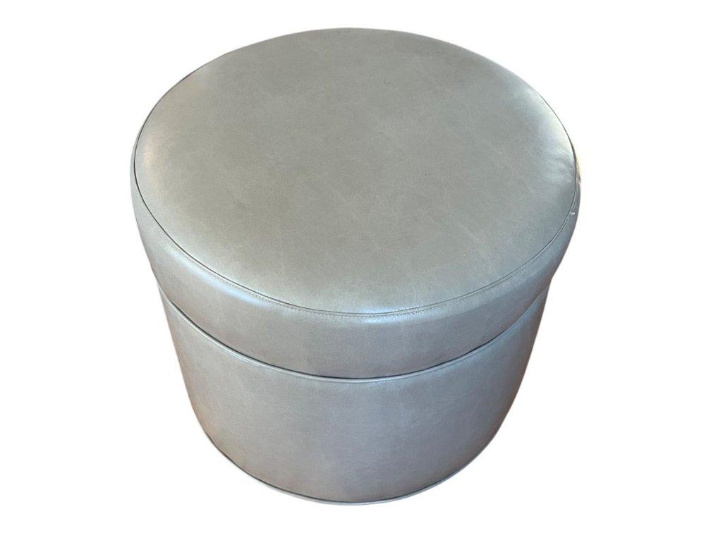 Contemporary Round Upholstered Storage Ottoman, Gray Leather-Look, 18"