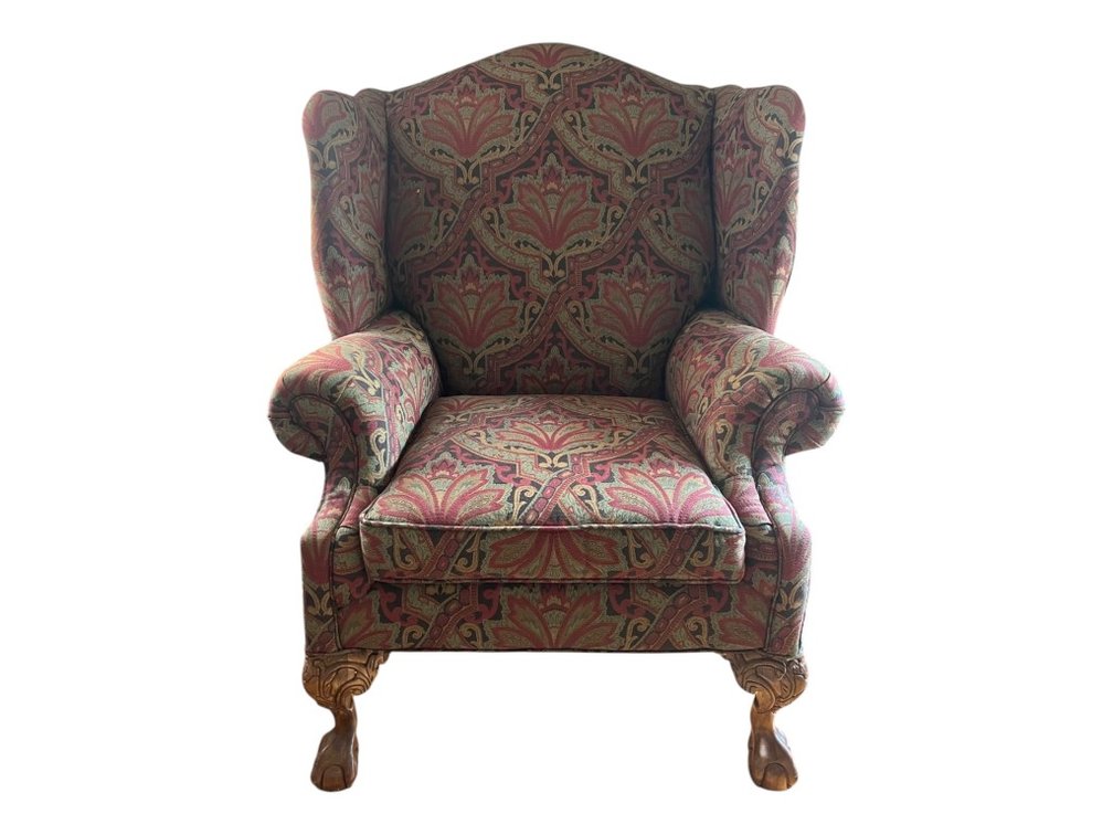 Traditional Wingback Armchair with Carved Ball-and-Claw Feet, Tapestry-Style Upholstery, 49"