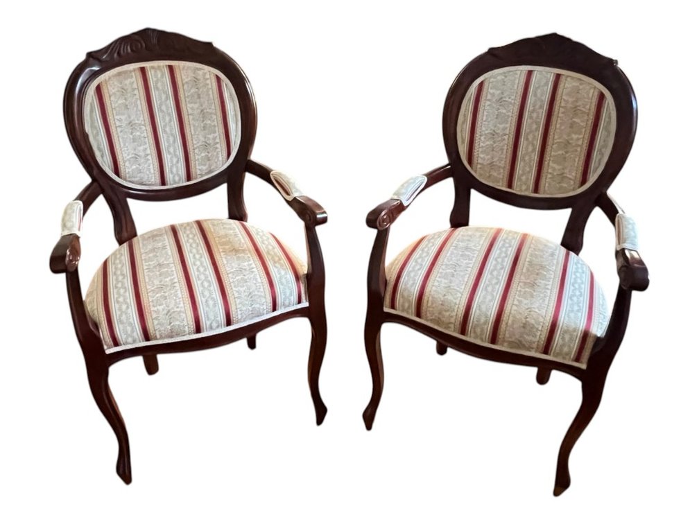 Italian Pair of Victorian-Style Mahogany Balloon-Back Open Armchairs with Upholstered Seats and Backs, 39"