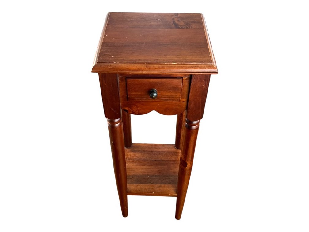 Tall Narrow Hardwood Lamp / Plant Stand Table with Single Drawer and Lower Shelf, 31"