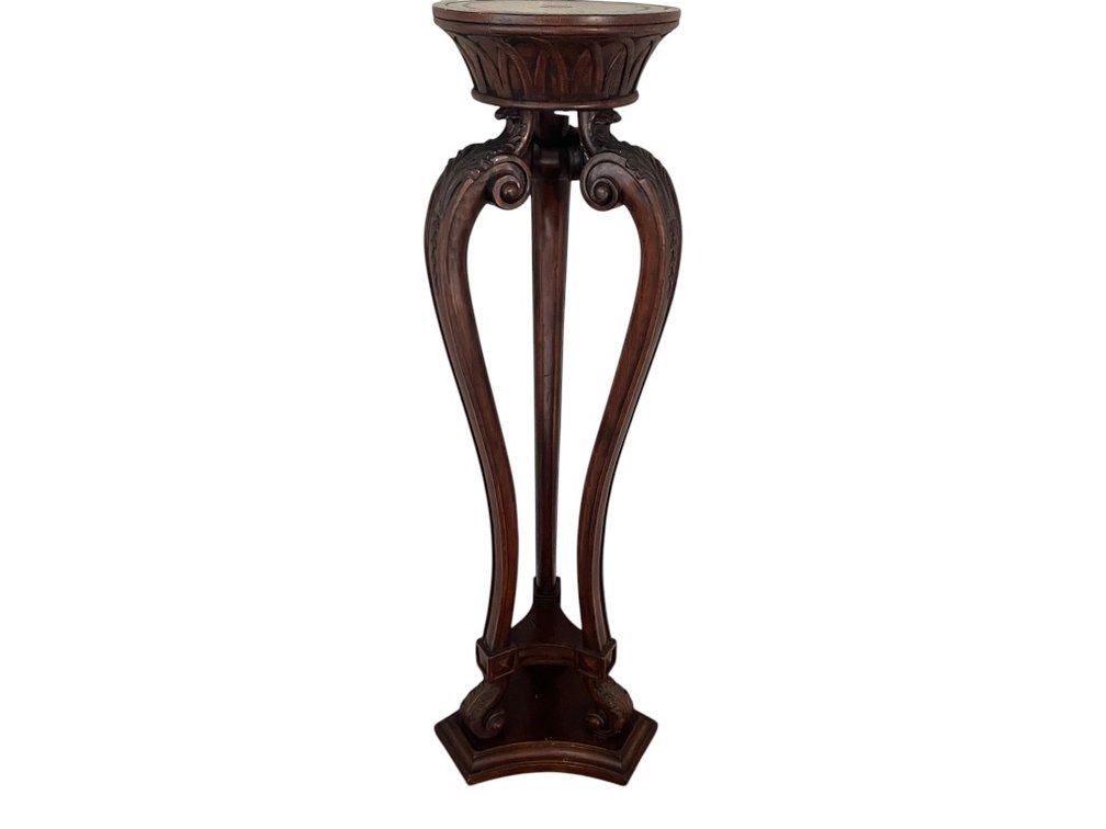 Statement piece! Carved Mahogany Torchère / Plant Pedestal Stand with Tripod Scroll Legs, 54"