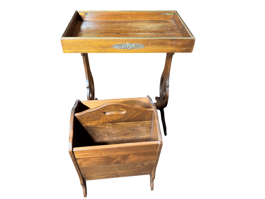 Brass-Gallery Mahogany Bed/Tea Tray Table with Lyre-Form Base, with Canterbury Magazine Rack, 19" H & 16" H