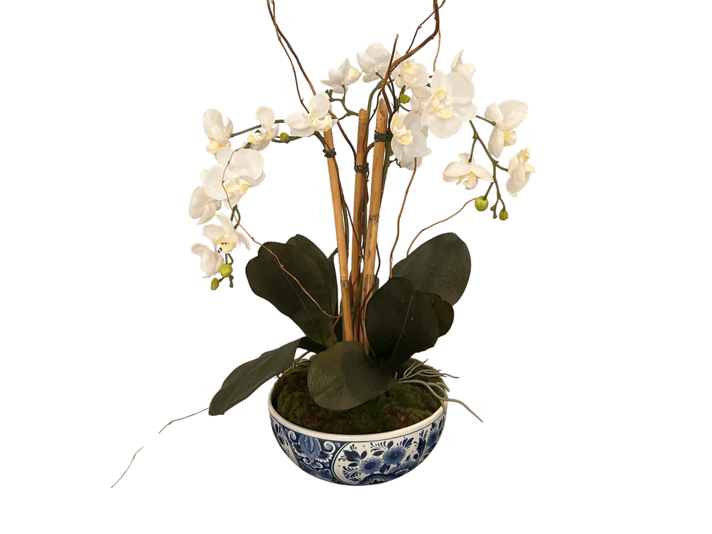 24" Dutch Delft-Style Blue and White Ceramic Bowl with Faux Phalaenopsis Orchid Arrangement