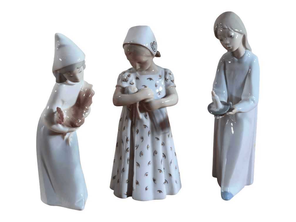 Group of Three Glazed Porcelain Figural Table Ornaments, Denmark and Spain, 8" H