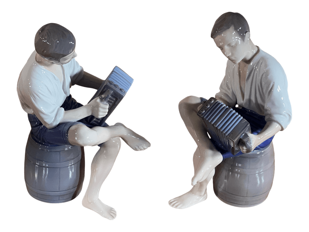 Pair Bing & Grøndahl Danish Porcelain Accordion Players, 9"