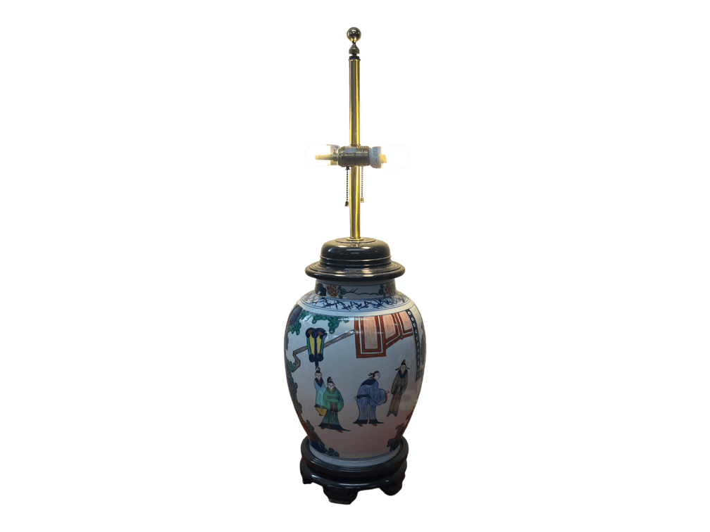Chinese polychrome porcelain jar-form table lamp, famille verte-style figural decoration, 28" H