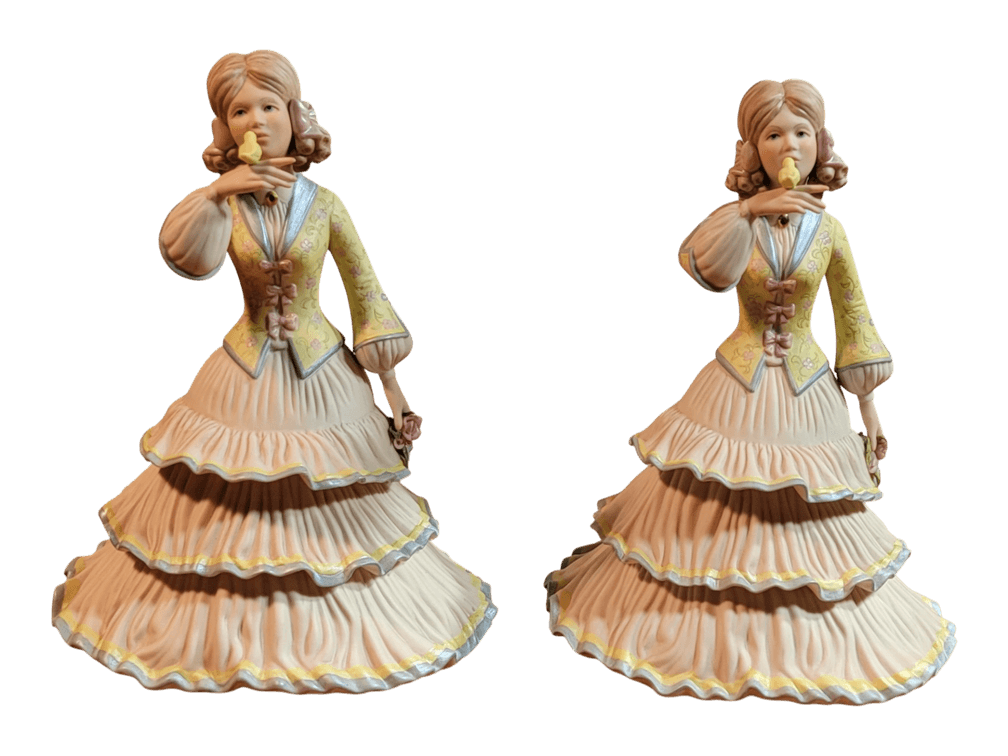 Pair of Quire Chase Ltd. Porcelain-Style Figurines of a Young Woman with Bird, 10" H