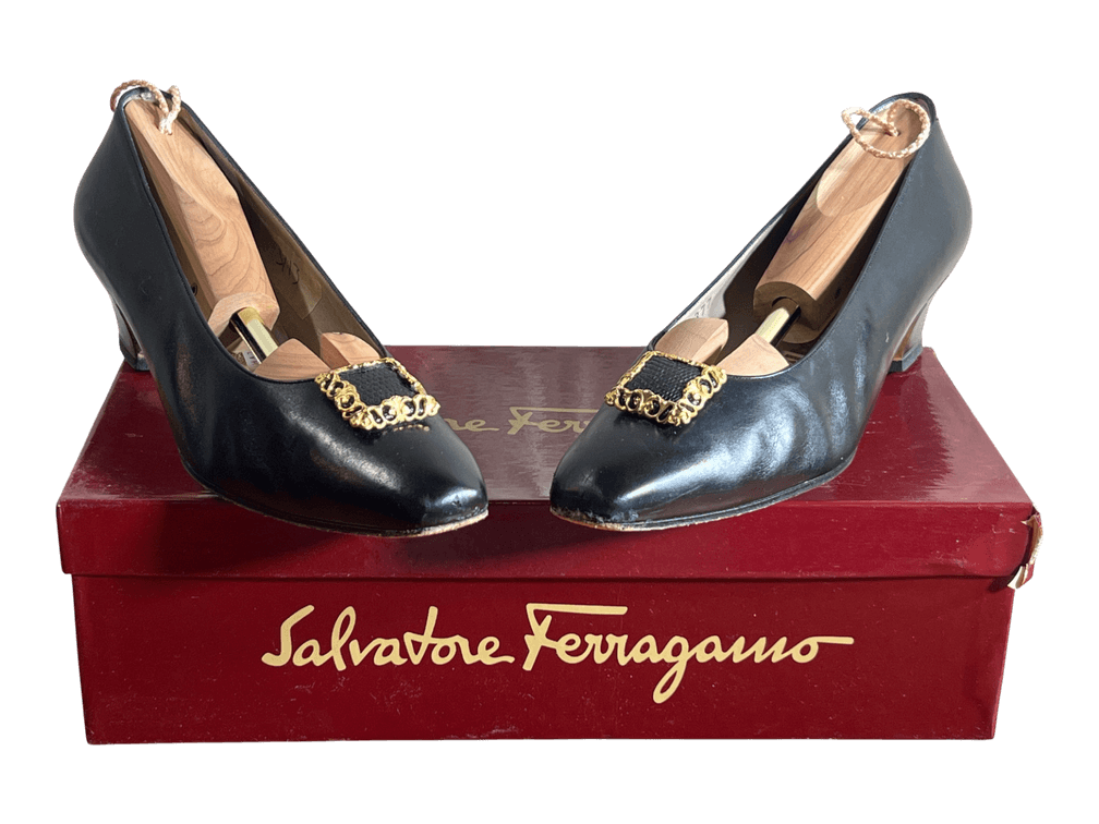 Salvatore Ferragamo "Giovane" Black Calfskin and Lizard Pumps with Gilt Buckle Ornament and Original Box, Size 7½ B