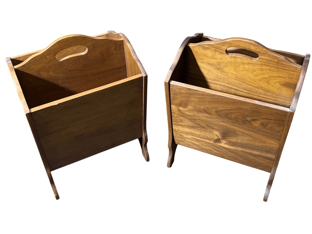 Pair of Mid-Century Style Walnut-Finish Wooden Magazine Racks with Divided Interiors, 19" H