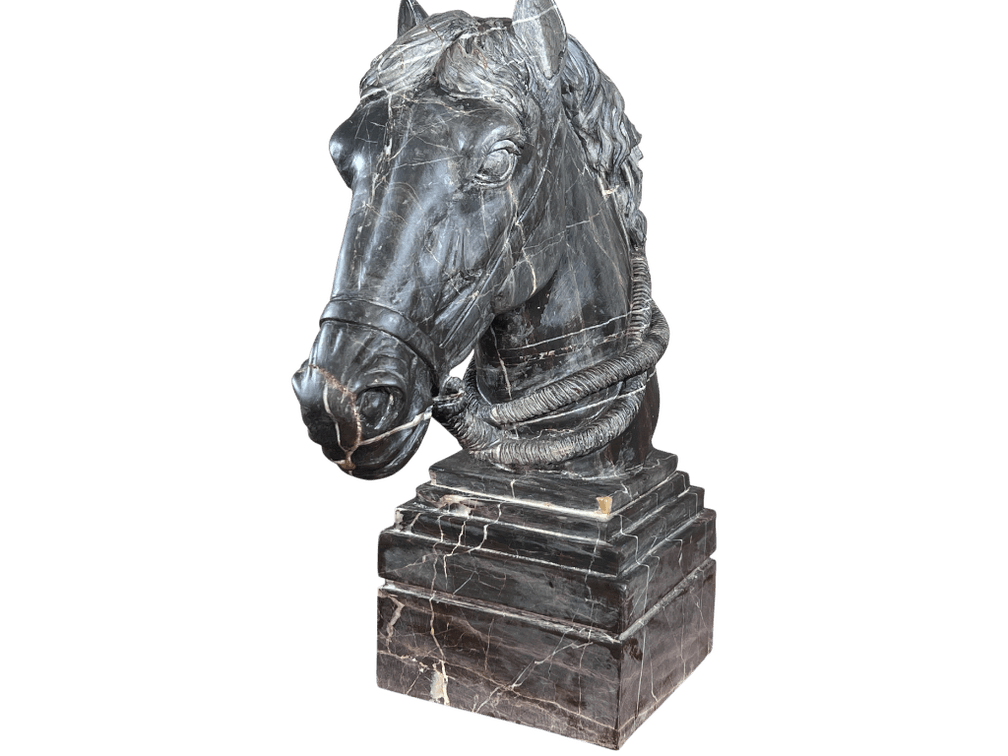Carved Black Marble Horse-Head Bust on Stepped Marble Plinth, 23"H