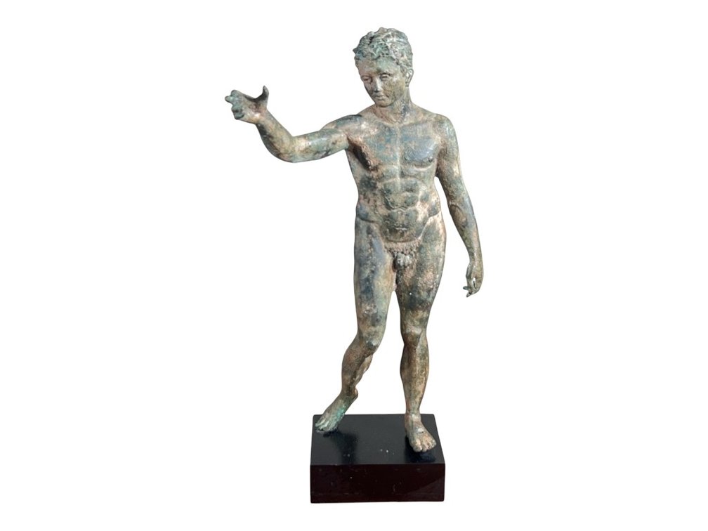 Classical-Style Bronze Nude Male Figure, Arm Outstretched, on Black Plinth Base, 26"H