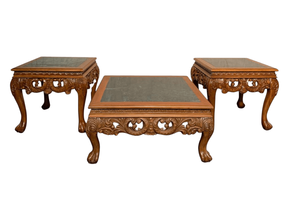 Wood Carved Coffee and Side Table Set with Green Marble Tops