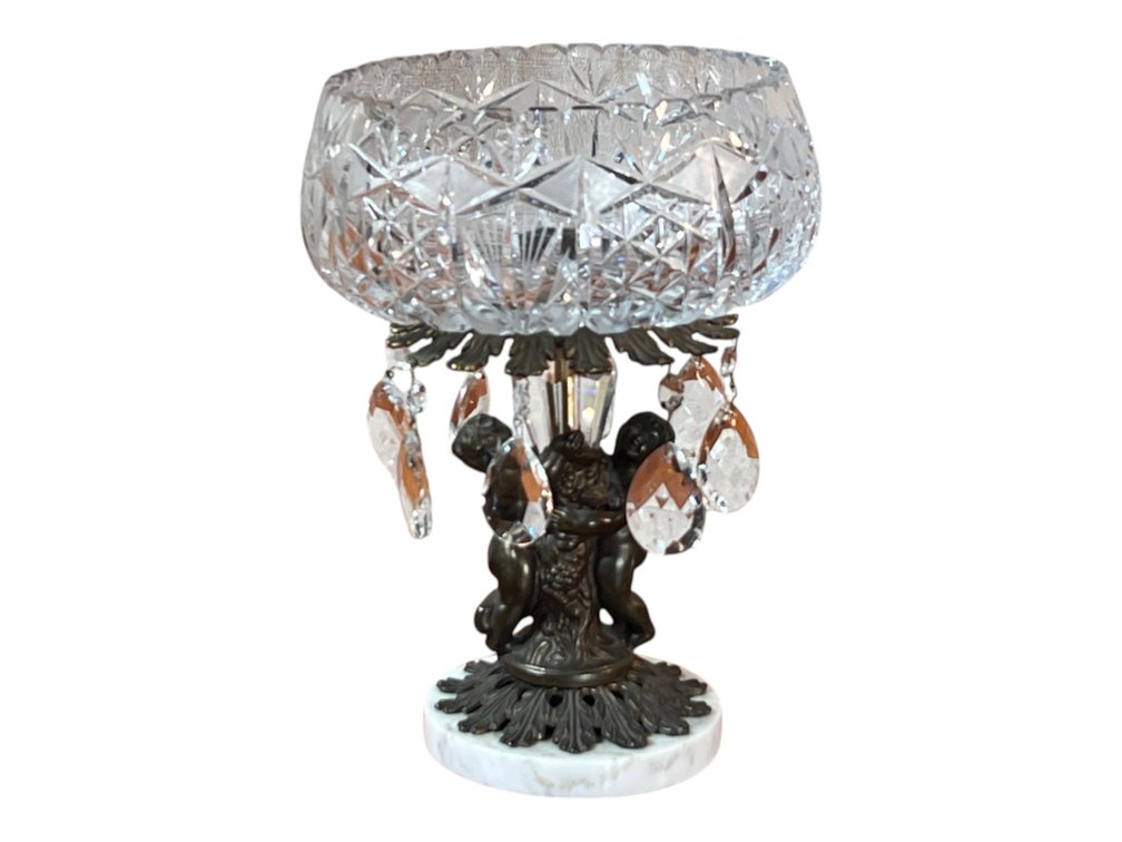 Centerpiece Bowl with Cherub Figures and Crystal Prisms, 13"H