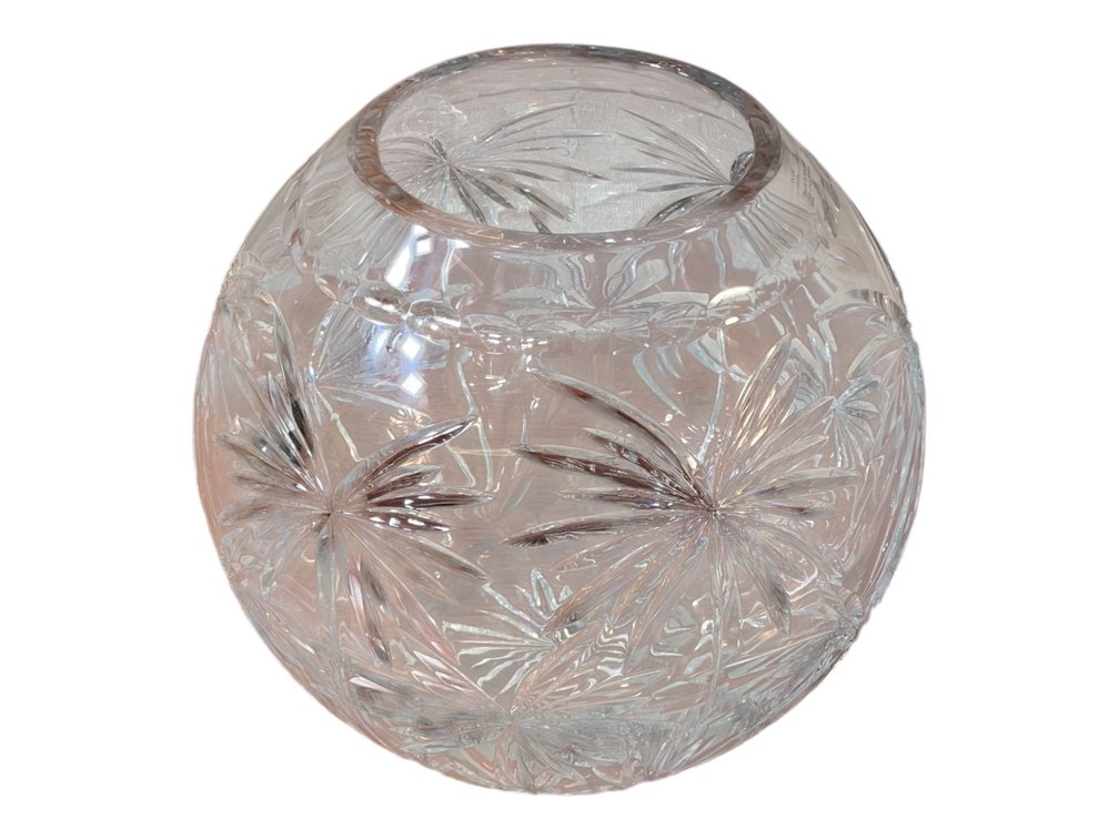 Massive Mouth-Blown Hand-Cut Crystal Rose Bowl Vase 9"H — Spectacular Pinwheel & Starburst Cut Spherical Centerpiece