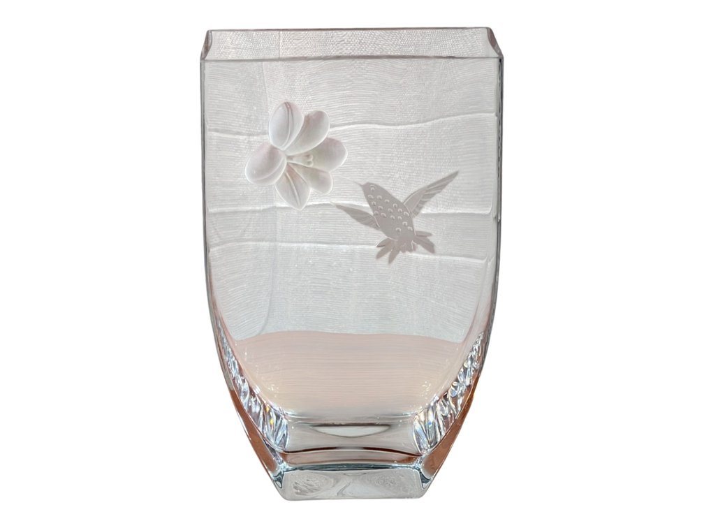Glass vase with hummingbird and flower motif, 10"H