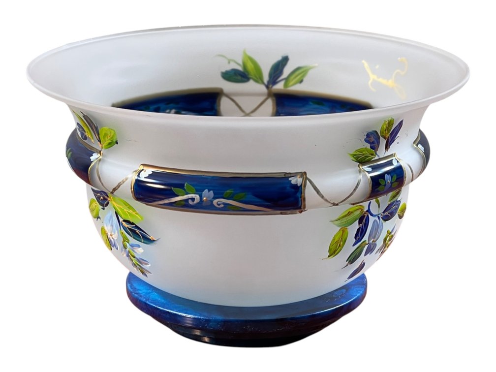 Art Glass Centerpiece Bowl with Blue Floral Decoration, 7"H