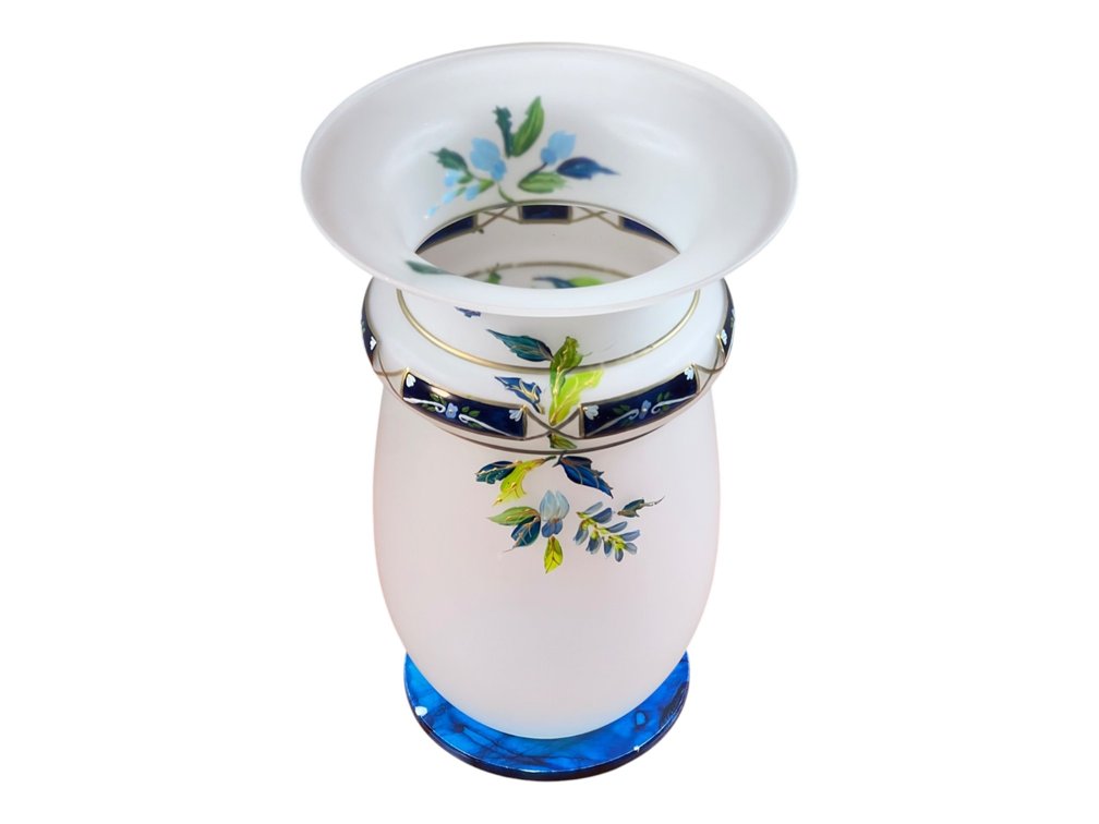Magnificent Antique Bohemian Opaline Glass Hand-Painted Enamel Floral Vase with Cobalt Blue Base, 15"H