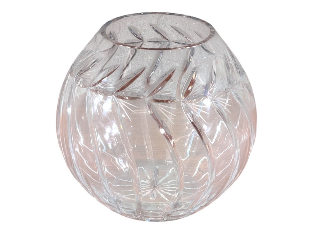 Magnificent Mouth-Blown Hand-Cut Crystal Rose Bowl Vase 9"H — Diagonal Swirl & Pinwheel Cut Spherical Centerpiece
