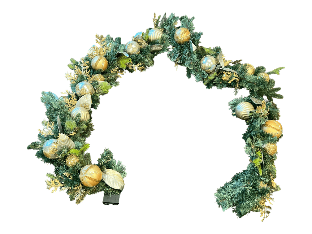 Balsam Hill Artificial Christmas Garland with Gold Ornaments and Timer Lights