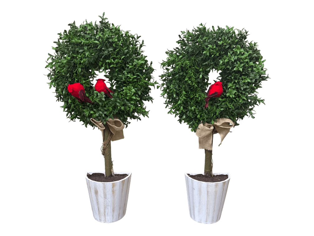 Pair of Decorative Artificial Boxwood Topiary Trees with Cardinals