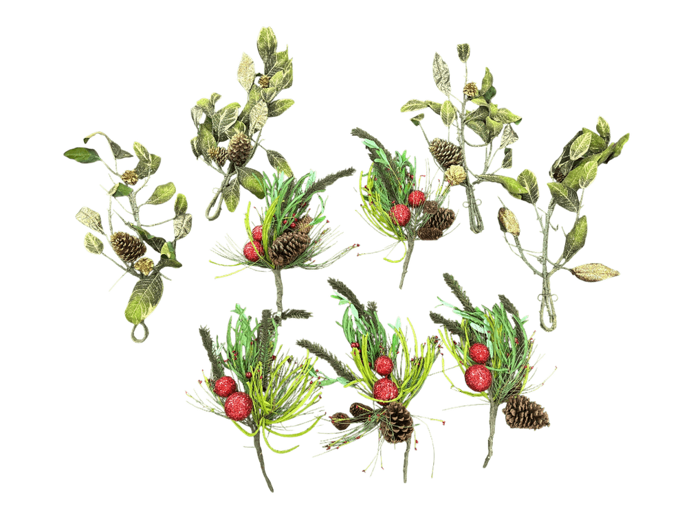 Neiman Marcus Holiday Pine and Berry Decorative Stem Accents with Pine Cones