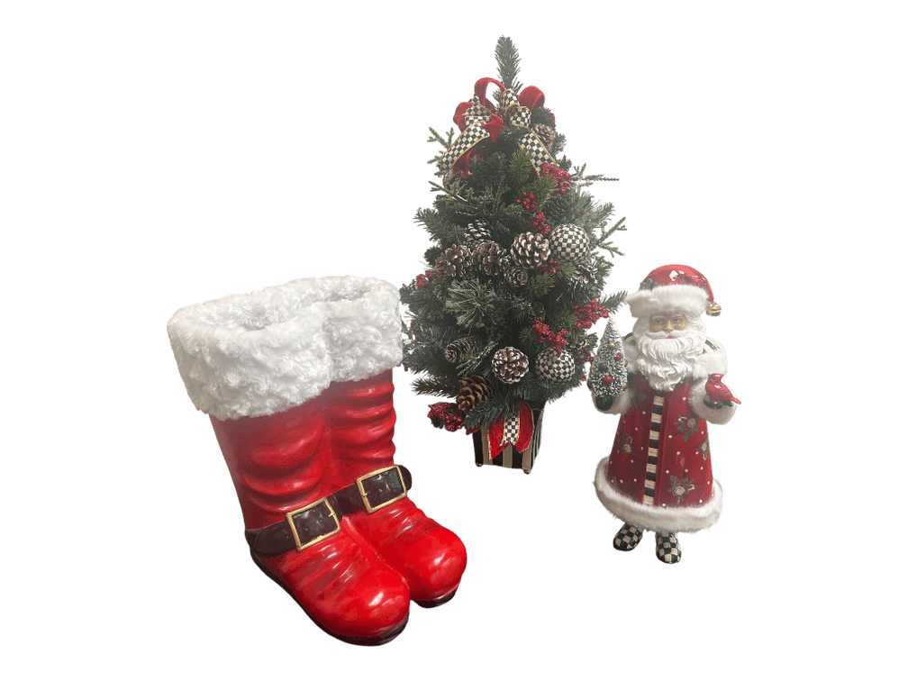 $530+ MacKenzie-Childs Santa Figurine with Holiday Tree and Boot Planter