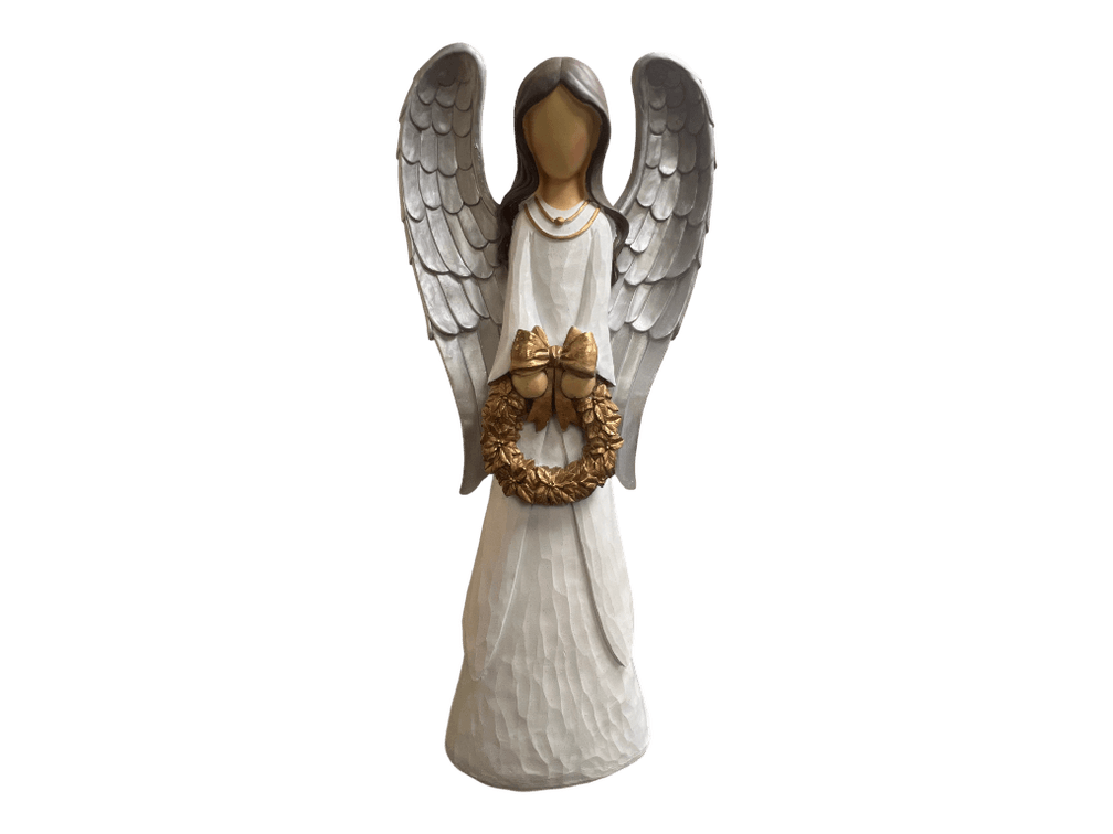 Hand-Carved Wooden Angel Sculpture with Silver Wings and Gold Wreath