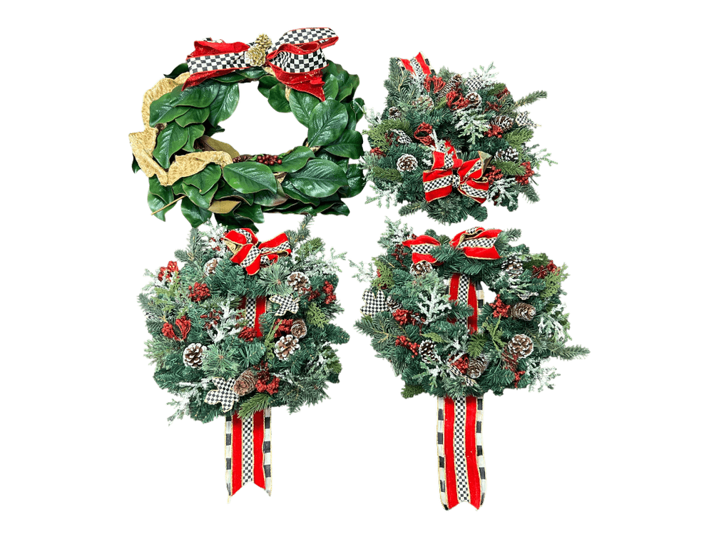 Decorative Holiday Wreath Set with Pine Cones and Festive Ribbon