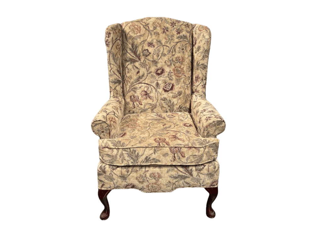 Floral Upholstered Wingback Chair with Queen Anne Legs