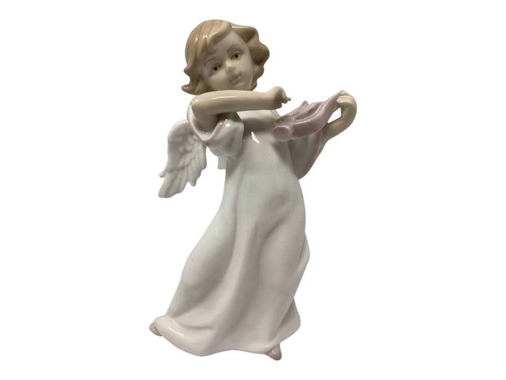 Porcelain Angel with Lyre, Hand Painted, 9"