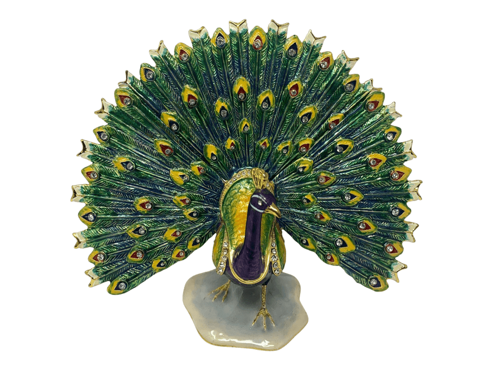 Stunning Bejeweled Peacock Enamel Jewelry Box, Hand Painted, 6"