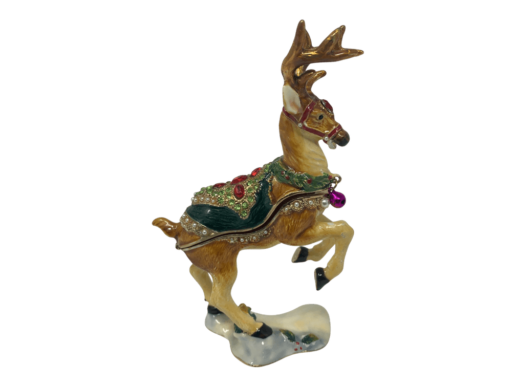 Reindeer Enamel Jewelry Box, Hand Painted, 5"