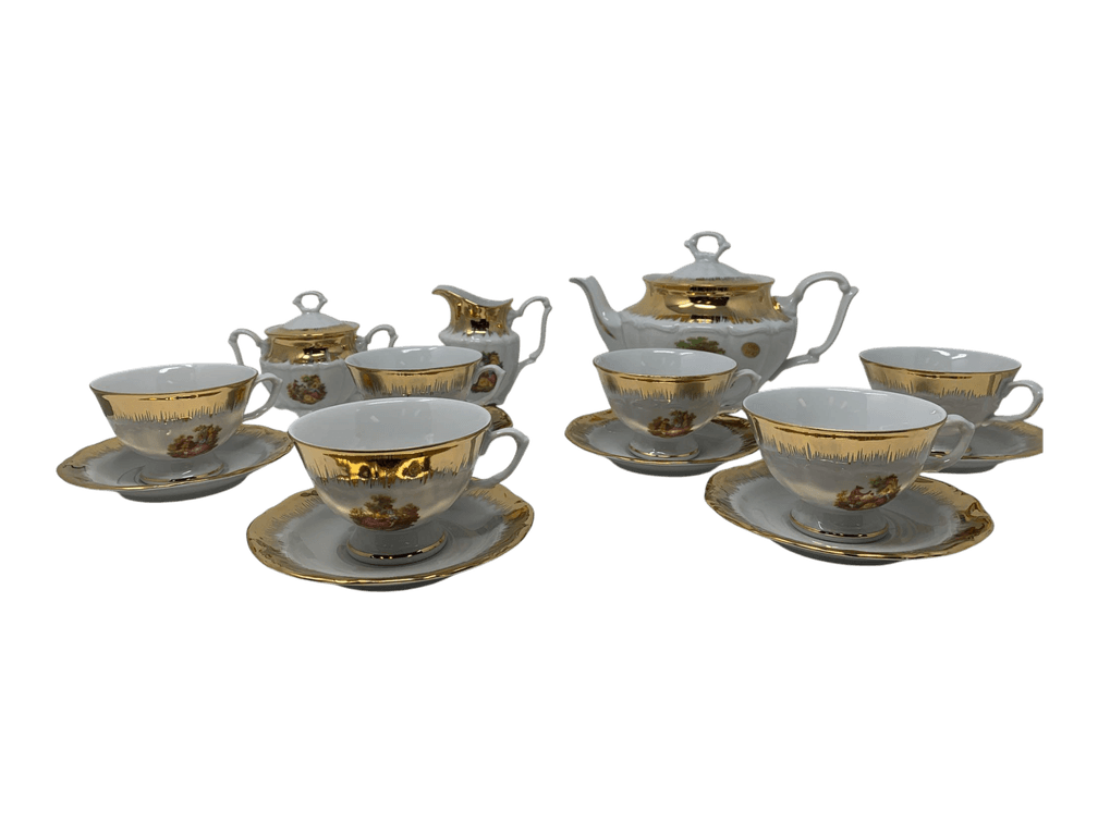 Italian Fragonard Porcelain Tea Set, 24 KT Gold