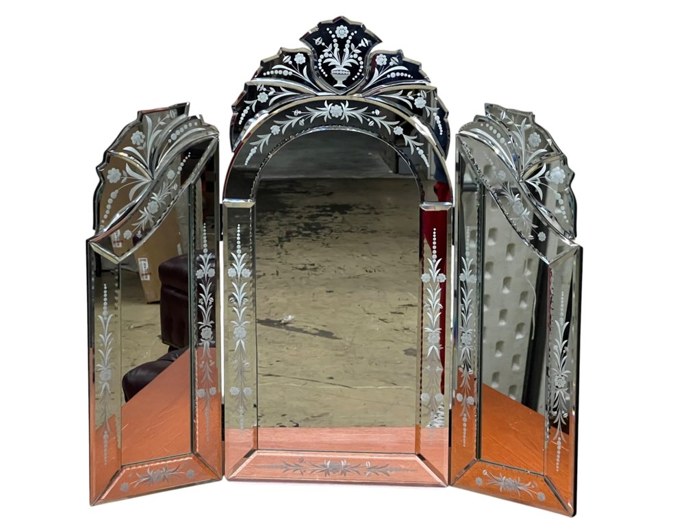 Mirror Venetian Style Etched Glass Three Panel Vanity Mirror, 28 x 25”
