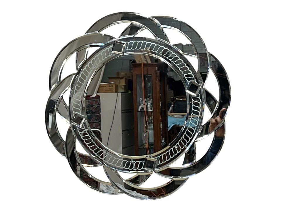 Mirror wall décor with beveled circular frame, 20 x 20”