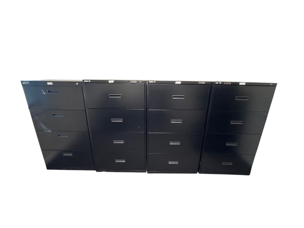 File cabinets, four black metal vertical units, 52"