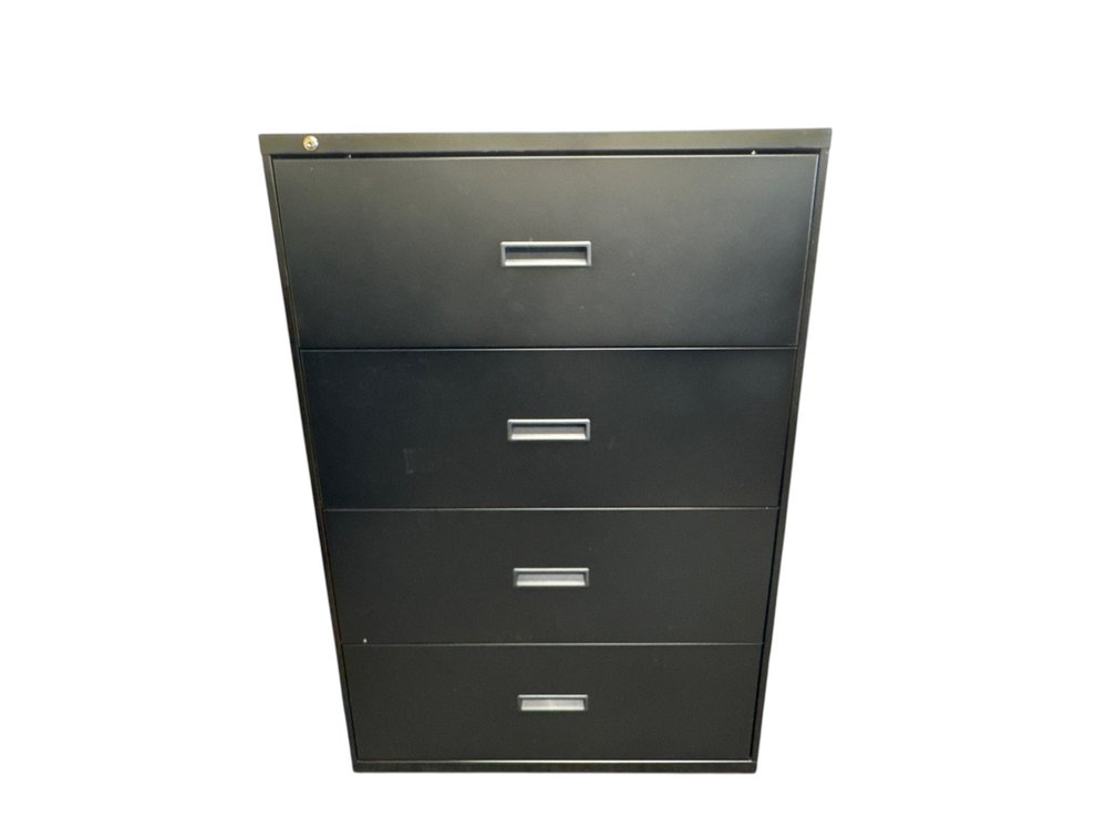 Lateral File Cabinet Four Drawer Black Metal Office Storage, 36 x 19 x 53”
