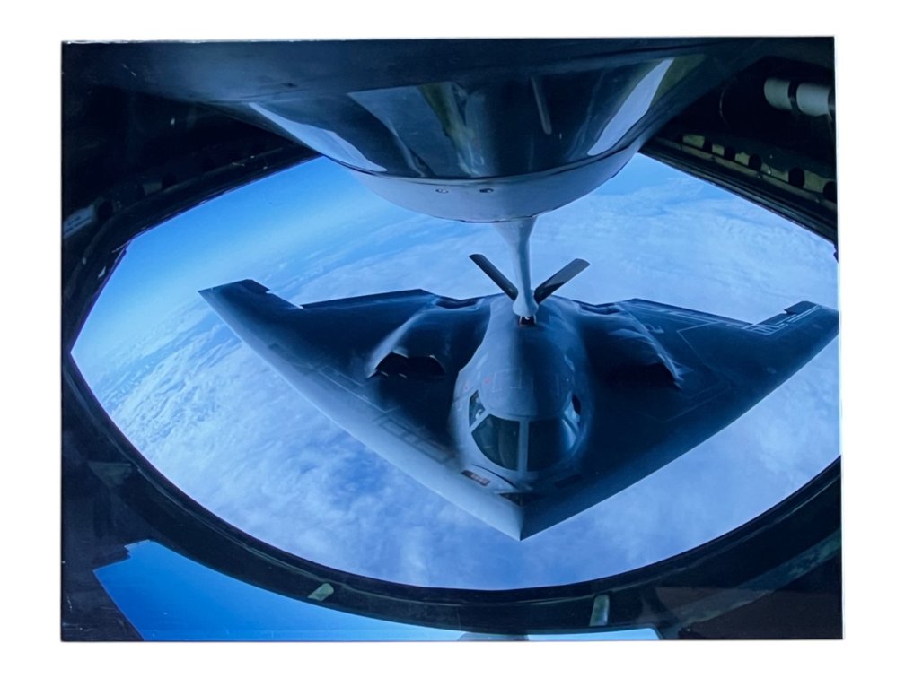 Contemporary Aerial Photograph, B-2 Spirit Stealth Bomber in Mid-Air Refueling, Plexiglass Mounted, 13 x 10"