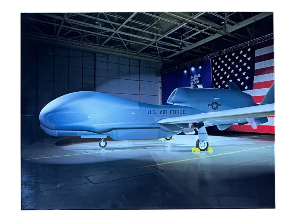 Contemporary Photograph, U.S. Air Force RQ-4 Global Hawk in Hangar with American Flag, Plexiglass Mounted, 13 x 10"