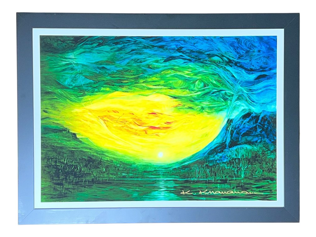$3,000 Radiant Sun in Green, Gold and Blue, Signed Giclée on Paper by Kamran Khavarani, Abstract Romanticism, Custom Framed, 36 x 27"
