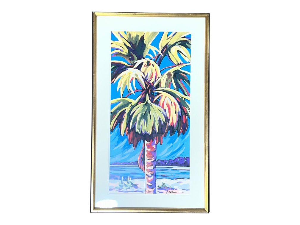 Print, Tropical Palm Tree Coastal Scene Signed Artwork, 22 x 36”