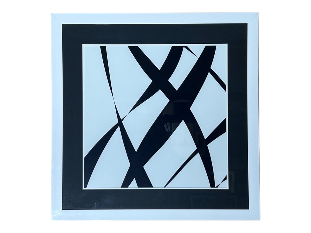 Abstract geometric wall art in black and white, 28 x 26”