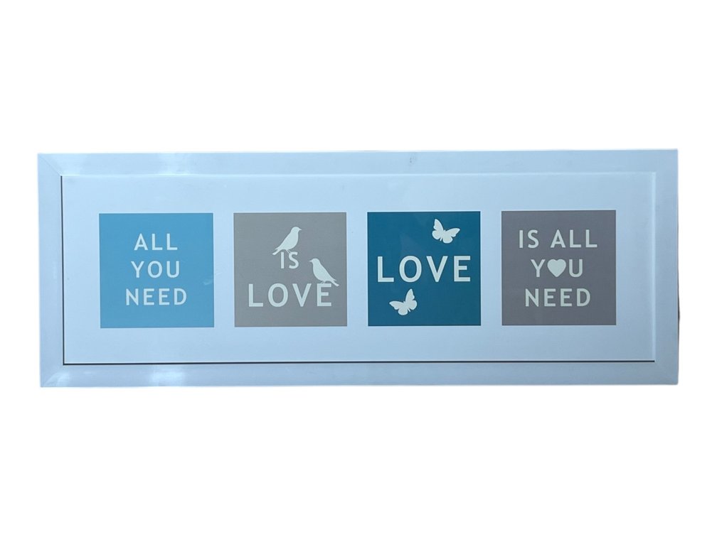 Framed typographic wall art print with love quote, 38 x 14”