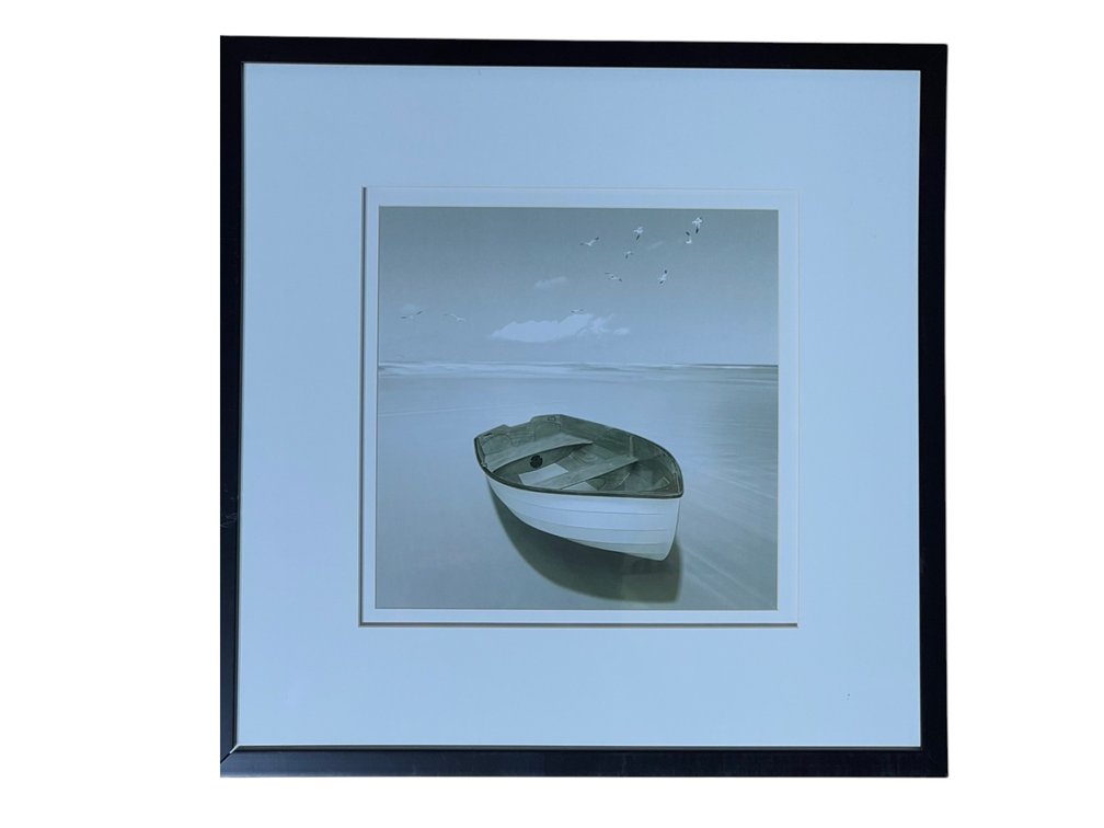 Framed monochrome seascape boat print, 21 x 21”