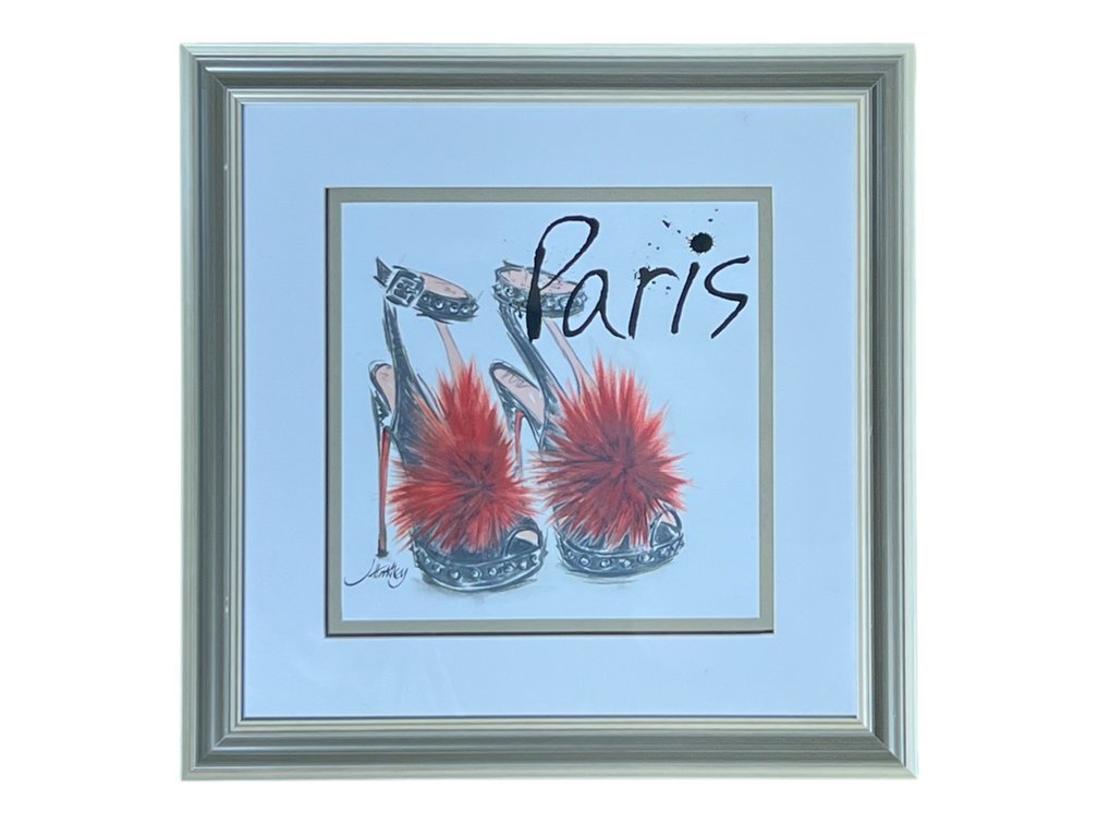 Framed Fashion Shoe Artwork Signed Hartley, 20 x 20”