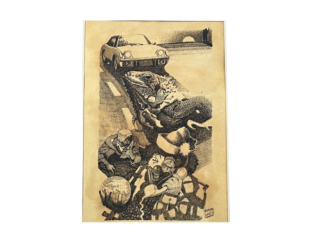 $2,250 Original Hand-Signed Ink on Paper Surreal Illustration with Sports Car & Reptile, Henri Paul — 20” x 28”