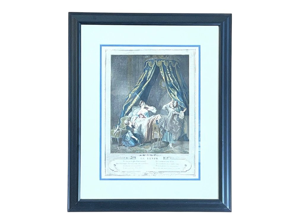 Framed French genre print titled Le Lever, 19 x 23”